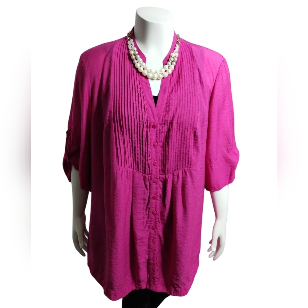 Coldwater Creek Women's 2X Hot Pink Pleaded Boho, Feminine Flowy Oversized Tunic